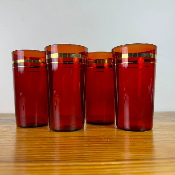 Vintage Ruby Red Glass Tumblers with Gold Design – Set of 4 - Picture 12 of 16